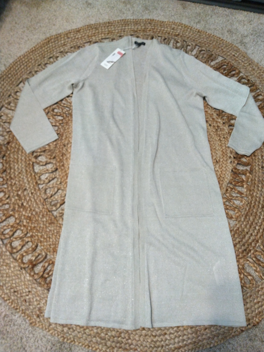 Elle Long Open-Front Cardigan in Light Beige with Subtle Shimmer Size M- NWT